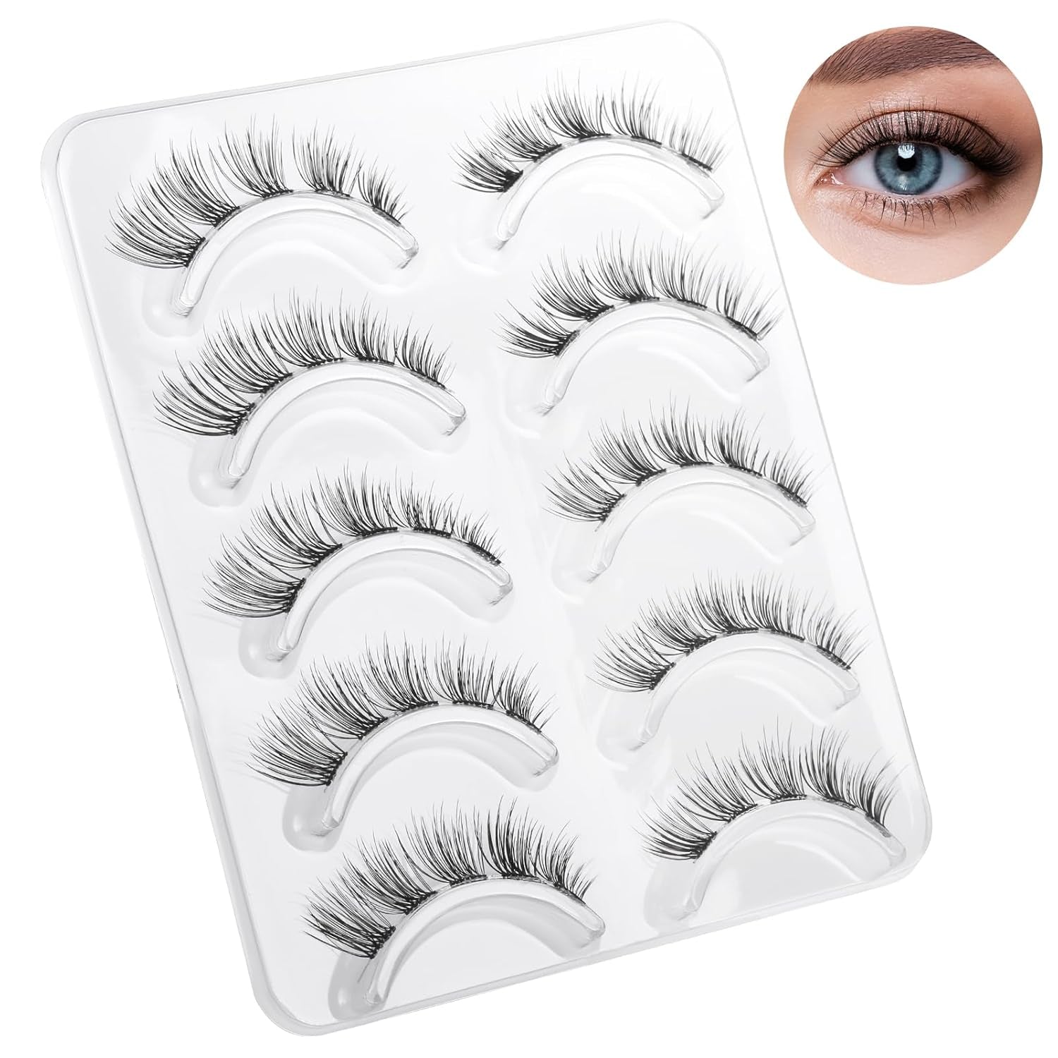 Natural Clear Band False Eyelashes Wispy Faux Mink Lashes Cat Eye 7-12Mm D Curl Short Volume 5 Pairs Extension Strip Eyelashes Reusable Fake Eyelashes