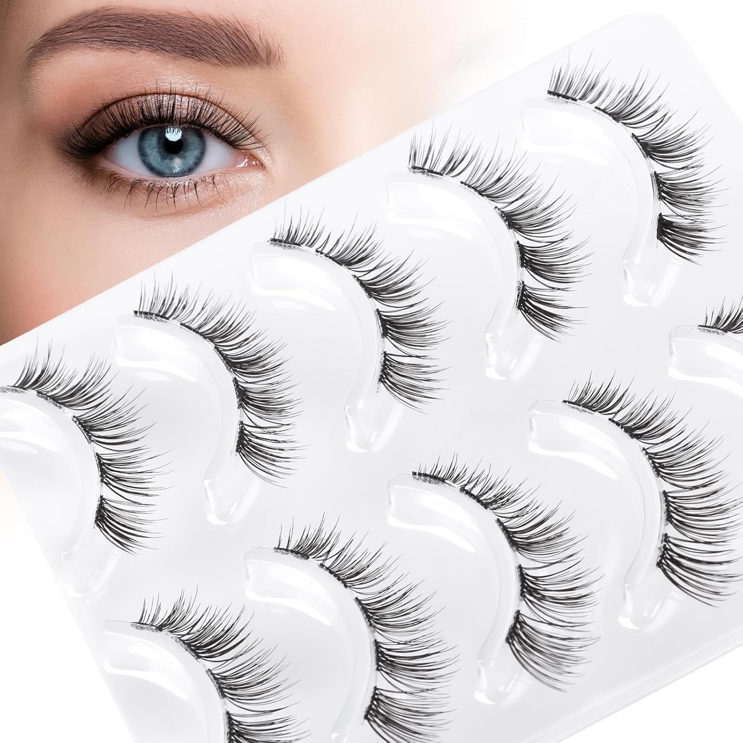 Natural Clear Band False Eyelashes Wispy Faux Mink Lashes Cat Eye 7-12Mm D Curl Short Volume 5 Pairs Extension Strip Eyelashes Reusable Fake Eyelashes