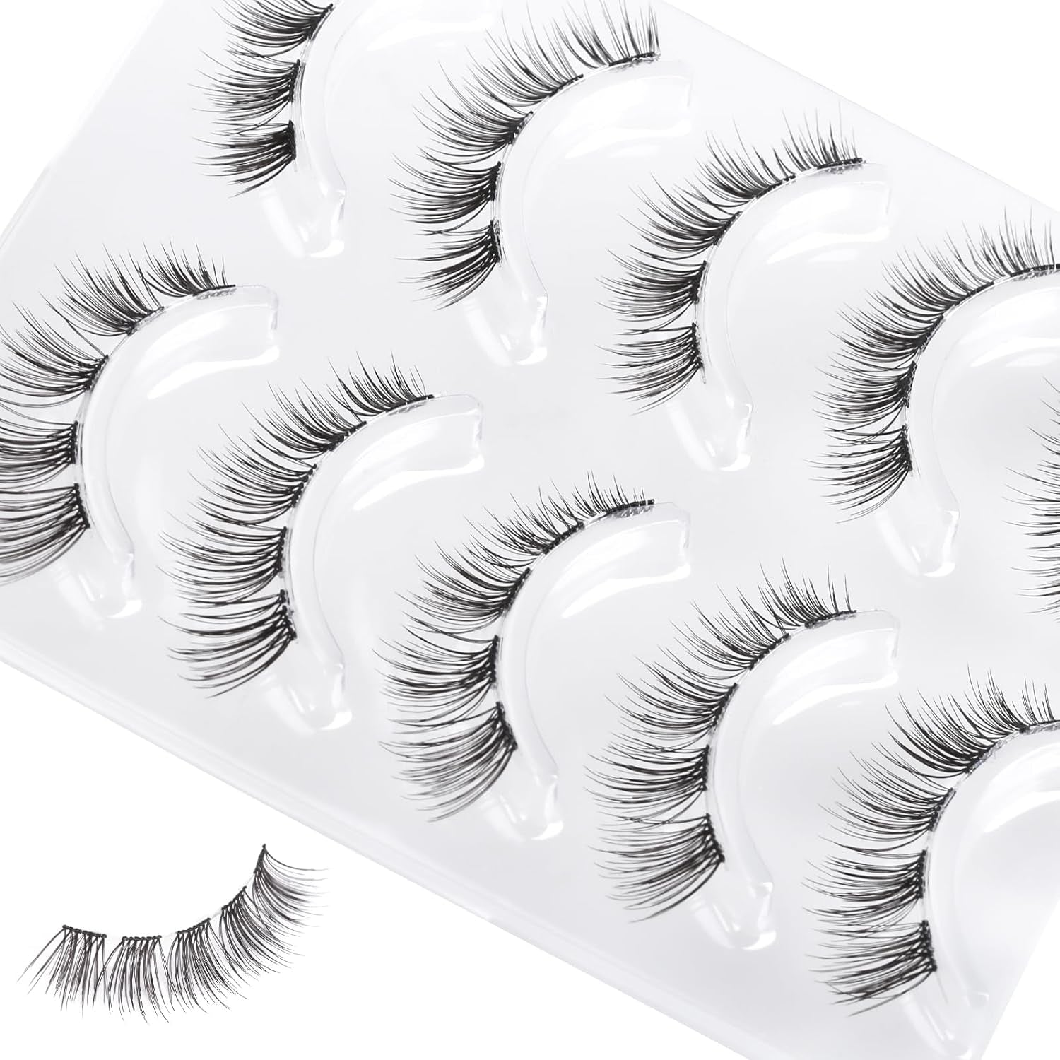 Natural Clear Band False Eyelashes Wispy Faux Mink Lashes Cat Eye 7-12Mm D Curl Short Volume 5 Pairs Extension Strip Eyelashes Reusable Fake Eyelashes